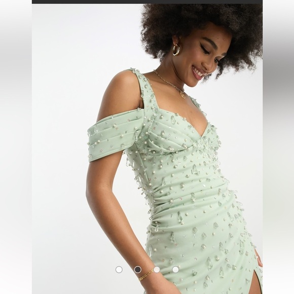 ASOS sweetheart neckline sequin pencil dress mint green cold shoulder - Picture 2 of 12